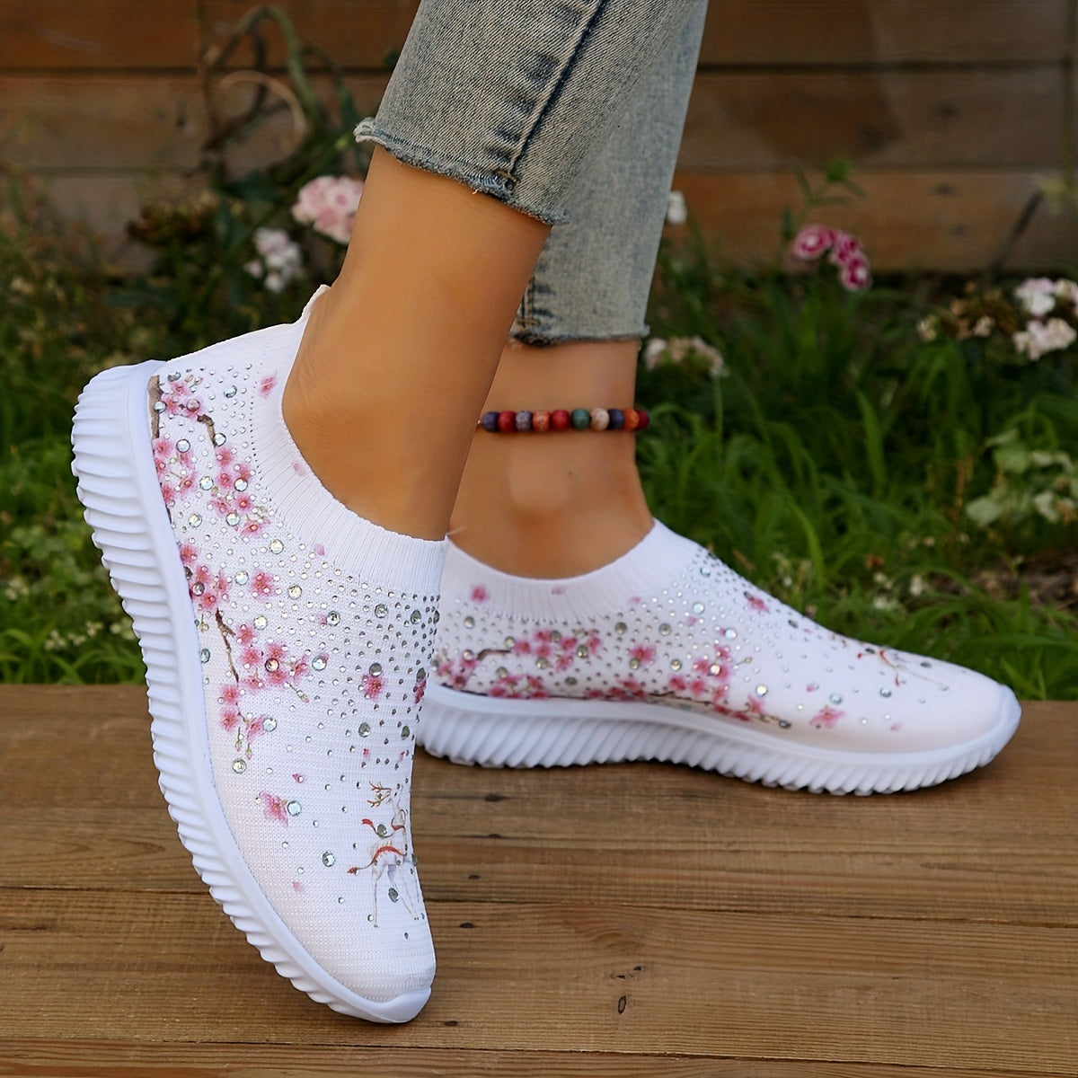 Floral Print Sock Shoes with Rhinestone Decor Low Top Slip On Women's Shoes