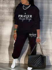 Women's Plus Cross & Slogan Print Fleece Sweatshirt & Jogger Sweatpants Set