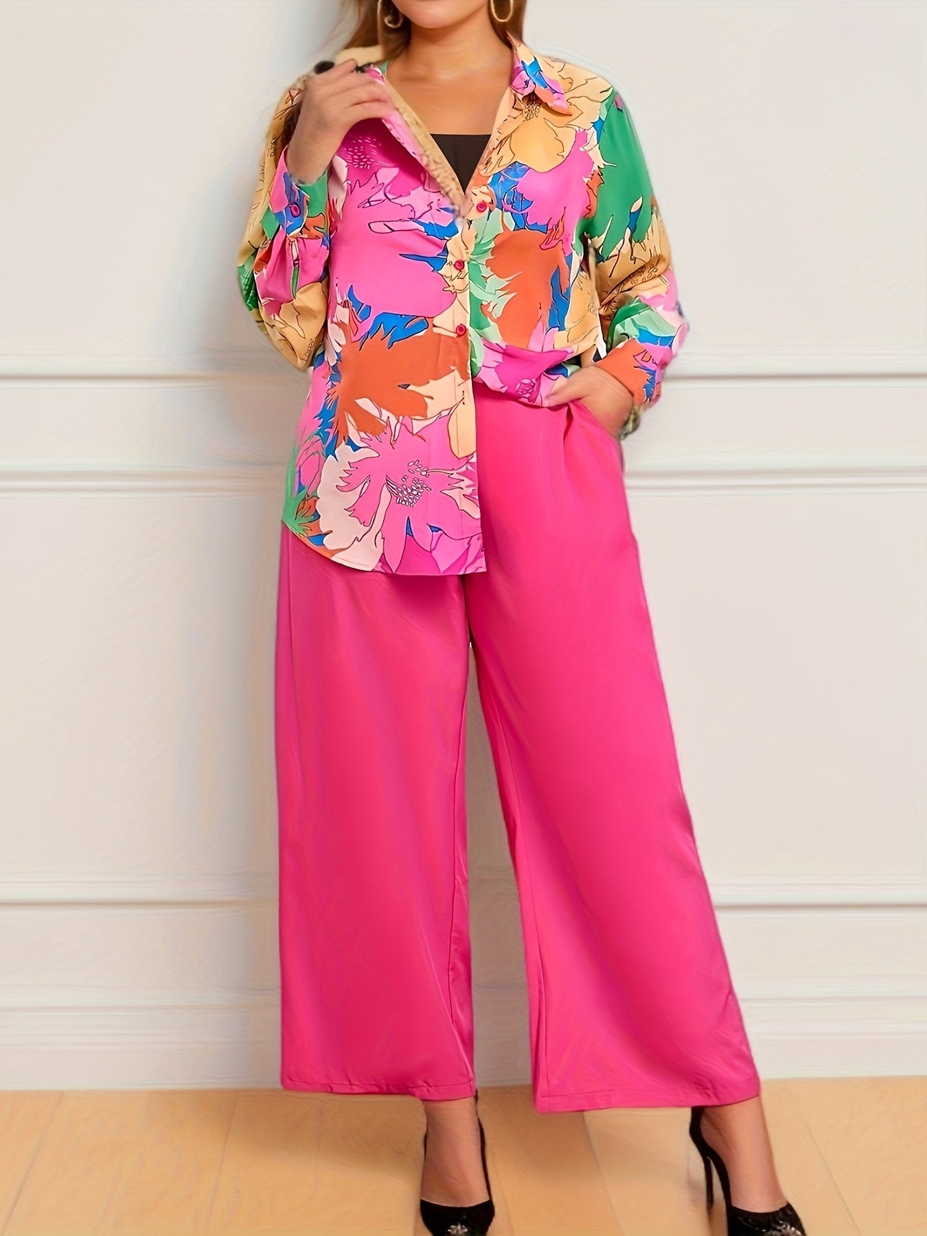 Floral Print Shirt & Wide Leg Pants Set