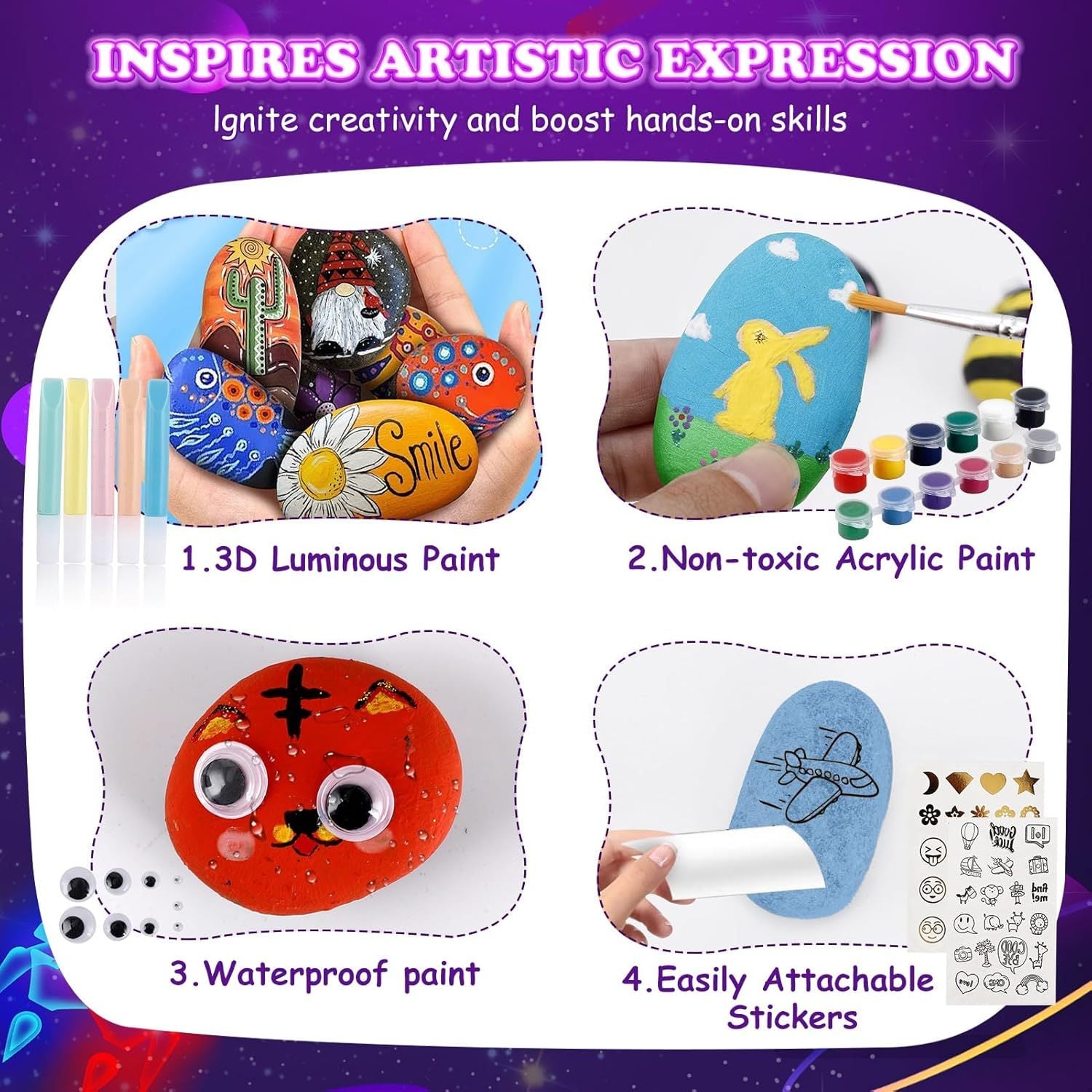 49PCS Glow Rock Painting Kit DIY Arts and Crafts Toys for Kids 6-12