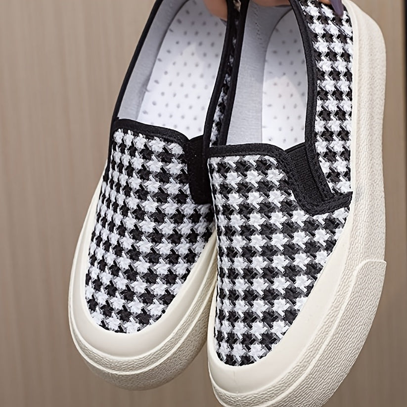 Women's Houndstooth Slip On Canvas Shoes Round Toe Flat Non-slip Casual Shoes