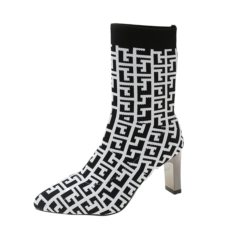 Greek Pattern Point Toe Sock Boots