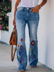 Floral Print Button Fly Flared Leg Stretch Jeans