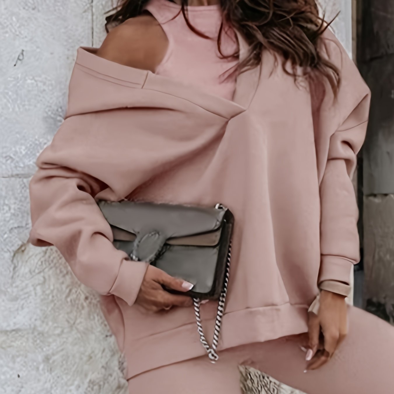 Solid Long Sleeve Hooded Sweatshirt & Round Neck Crop Tank Top Set