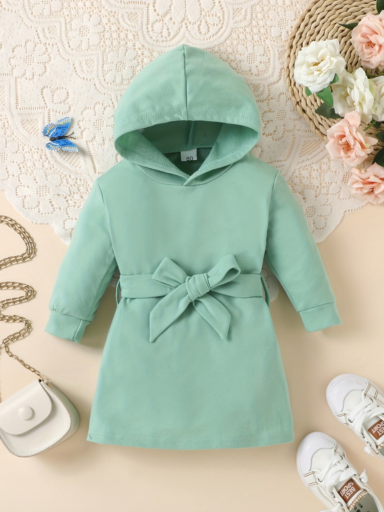 Baby Girl's Hoodie Sweatshirt Dress Belted Tunic Kid's Casual Hooded Dress