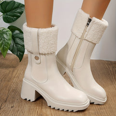 Women's Block Heel Ankle Boots Plush Square Toe Non Slip Short Boots