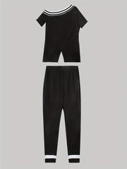 Portrait Print Cold Shoulder Top & Skinny Pants Set