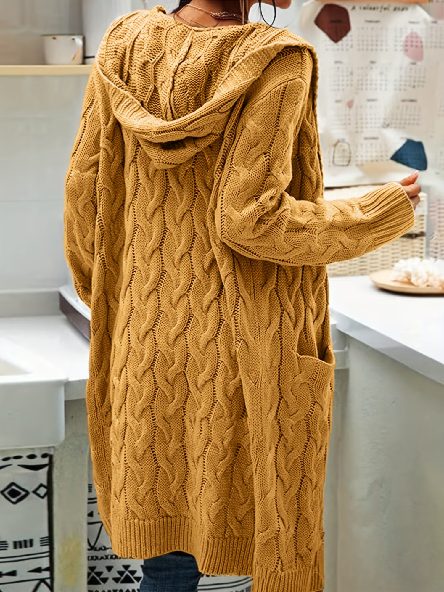 Cable Sleeve Hooded Cardigan With Pockets