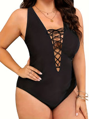Lace Up V Neck Backless One Piece Swimsuit