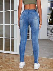 Ripped Water Ripple Embossed Crotch Slim Fit Jeans Distressed Washed