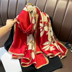 Magnolia Print Red Satin Scarf Silk Shawl Large Sunscreen Head Wraps