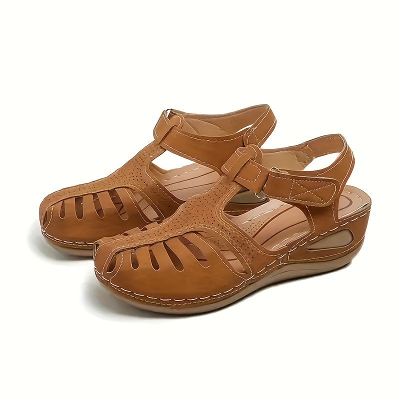 Women's Closed Toe Wedge Sandals Cutout Summer Ankle Strap Casual Sandals