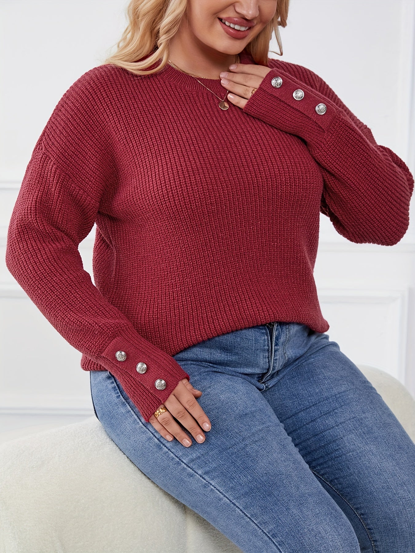 Casual Sweater Women's Button Long Sleeve Round Neck Jumper