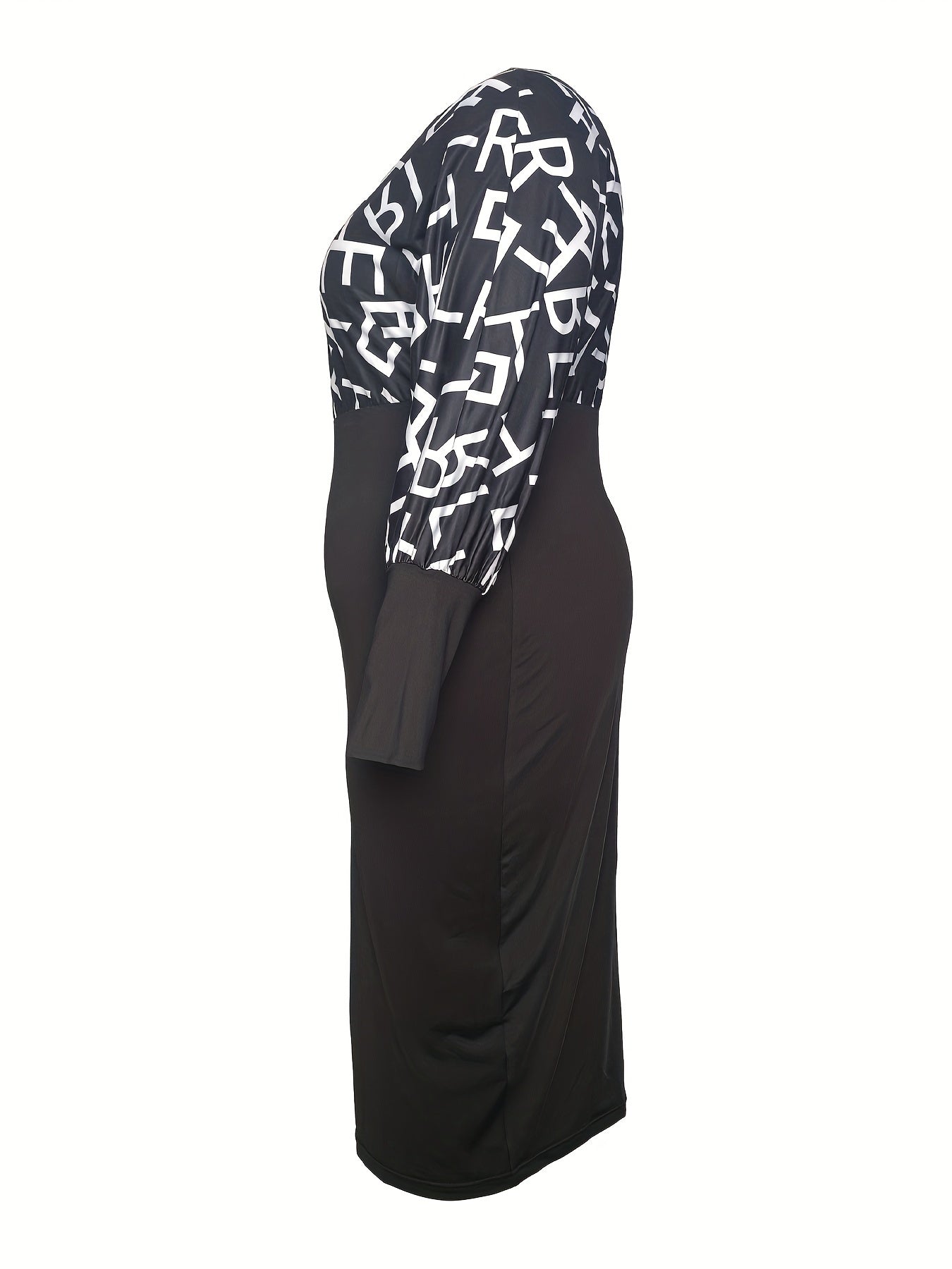 Colorblock Letter Print Lantern Sleeve Bodycon Dress