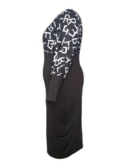 Colorblock Letter Print Lantern Sleeve Bodycon Dress