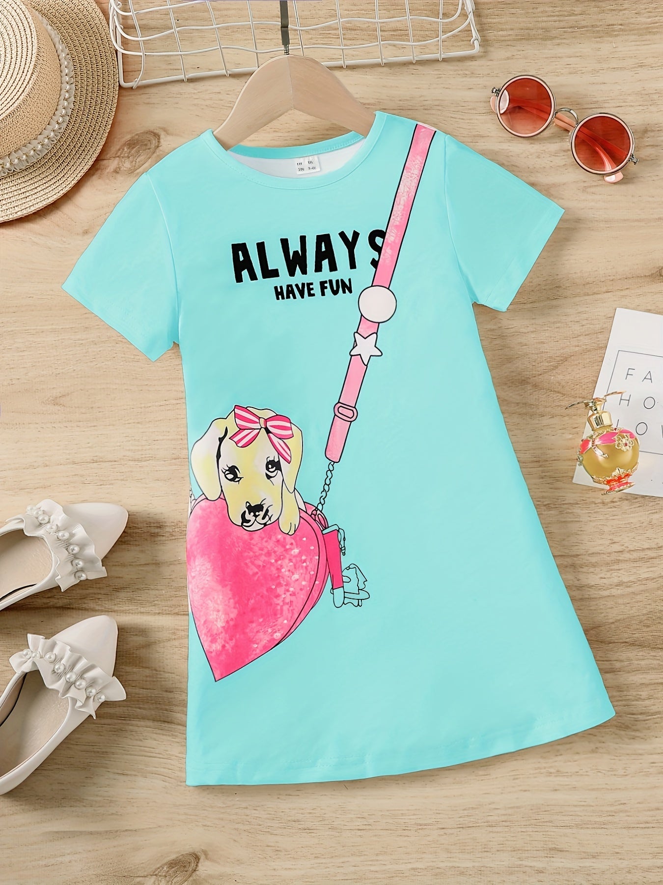 Toddler Girls Short Sleeve ALWAYS HAVE FUN Dog Graphic Dress