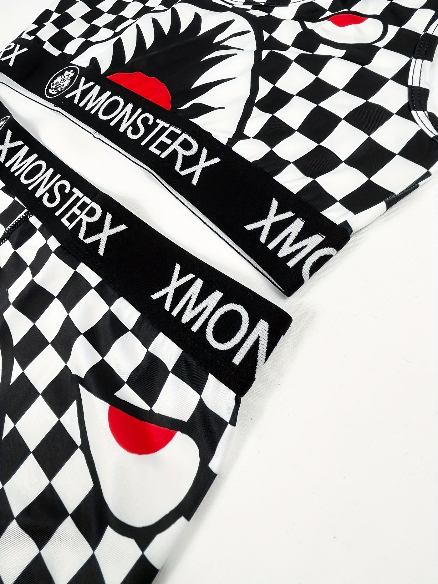 Girls Monster Graphic Plaid Activewear Set - Top & Shorts