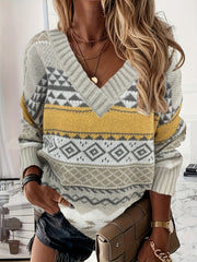 Ethnic Sweater Women's Knitted V Neck Pullover