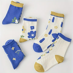 5 Pairs Girls Kids Socks Cotton Breathable Small Flower Pattern Socks
