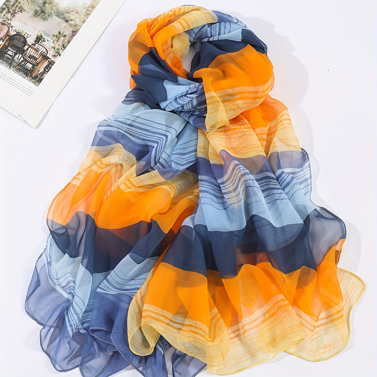 Stripe Gradient Print Gauze Scarf Thin & Yellow Windproof Shawl