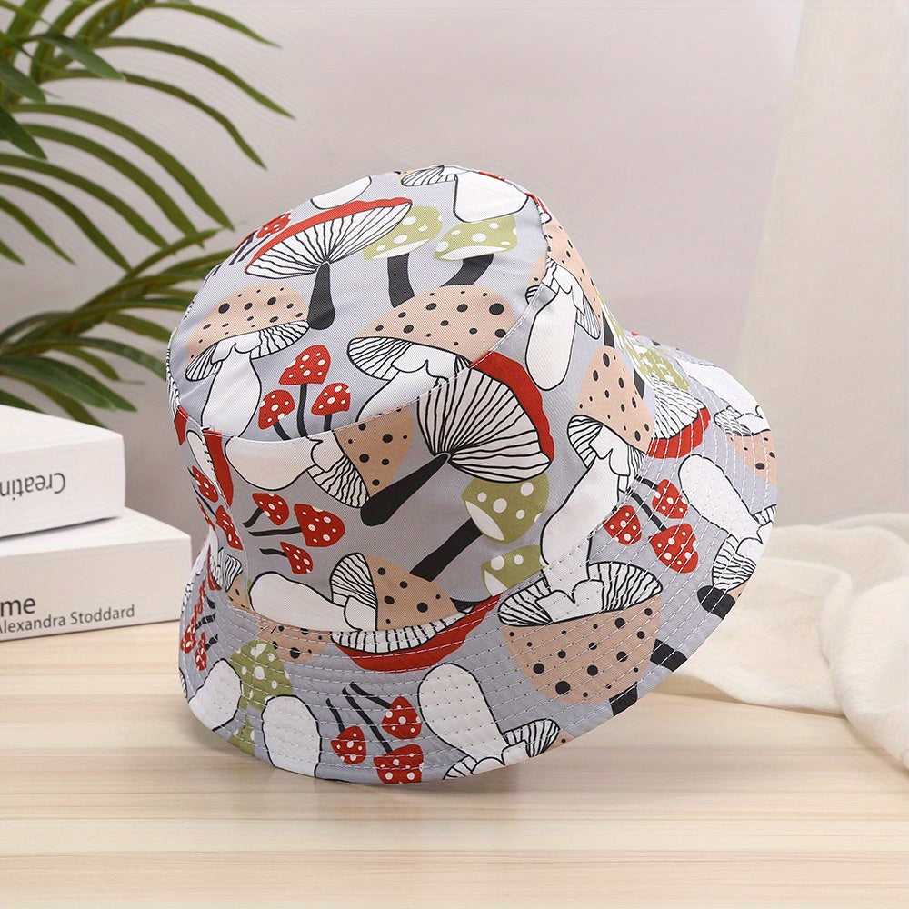 Cartoon Mushroom Print Bucket Hat Lightweight Reversible Fisherman Cap