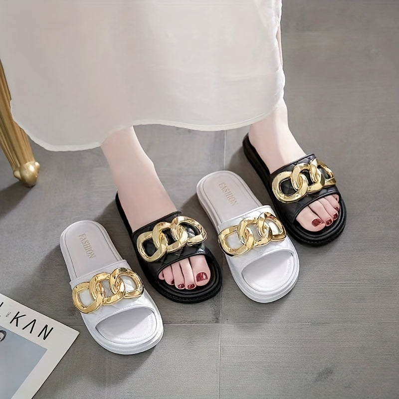 Women's Chain Decor Slide Shoes Quilted Soft Sole PVC Shoes