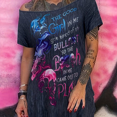 Punk Midi Dress Skull & Letter Print One Shoulder Tee Dress