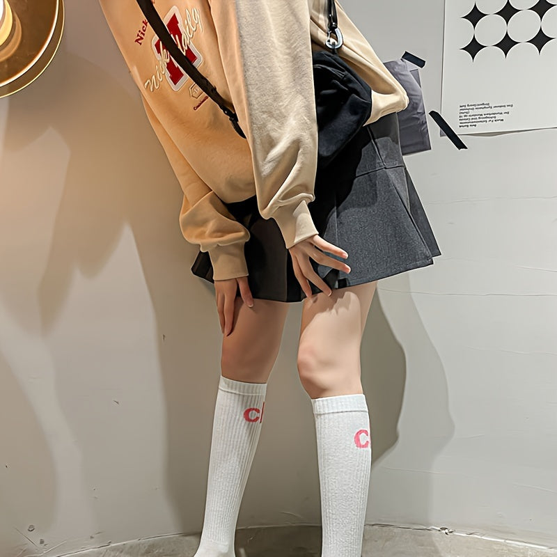 Letter Print Calf Socks Women's Knee High Stockings