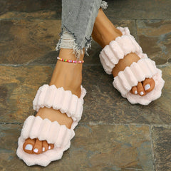 Women's Plush Double Straps Slippers Soft Open Toe Home Shoes