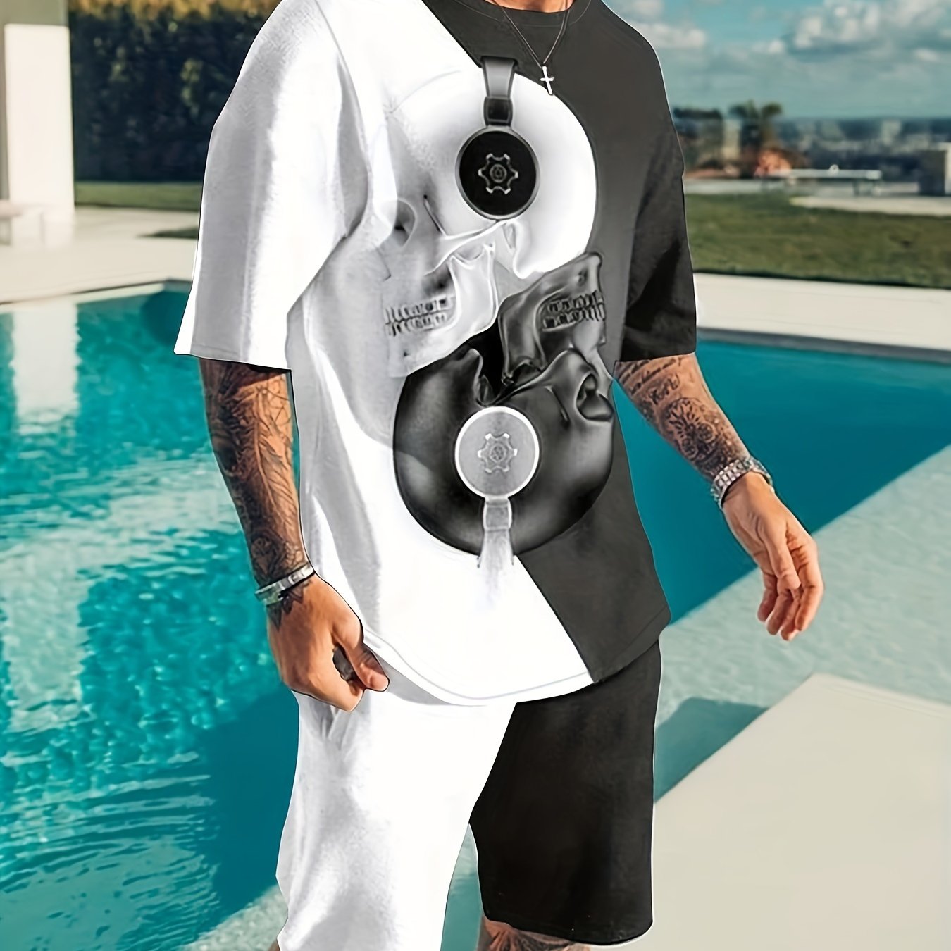 Skull Block Pattern Mens 2 Piece Outfits Comfy T-shirt And Casual Shorts Set