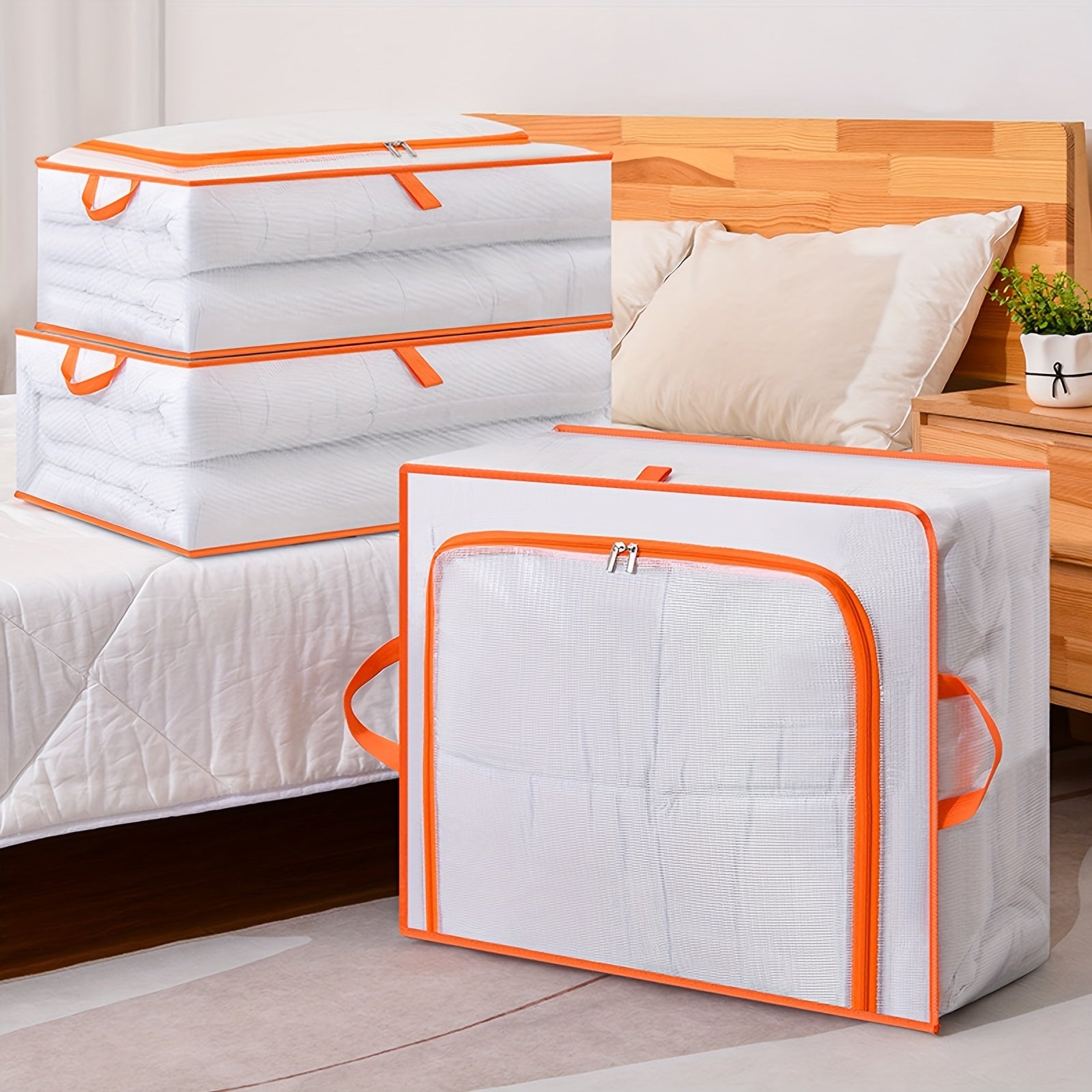 Orange Foldable Clothes Storage Box Sturdy Handles Large Moving Bag