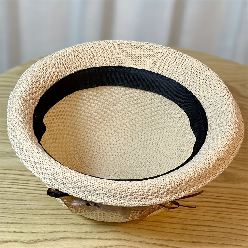 Beige Crochet Bucket Hat Rolled Brim Flower Decor Sunshade Fisherman Cap