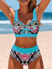 Boho Bikini Set Paisley Print Ruched Lace Up Swimsuit Two Piece