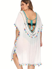 Crochet Tassel Trim V Neck Cover Up Dress
