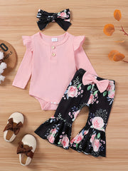 Baby Girls Ribbed Ruffle Long Sleeve Romper Cow Print Flared Pants