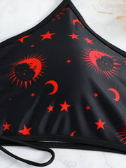 Gothic Bikini Set Sun & Moon Print Lace Up Halter Bra & Panty Swimsuit