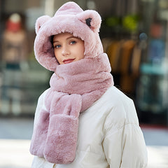 Women's Winter Warm 3 In 1 Set Plush Hat Scarf Gloves