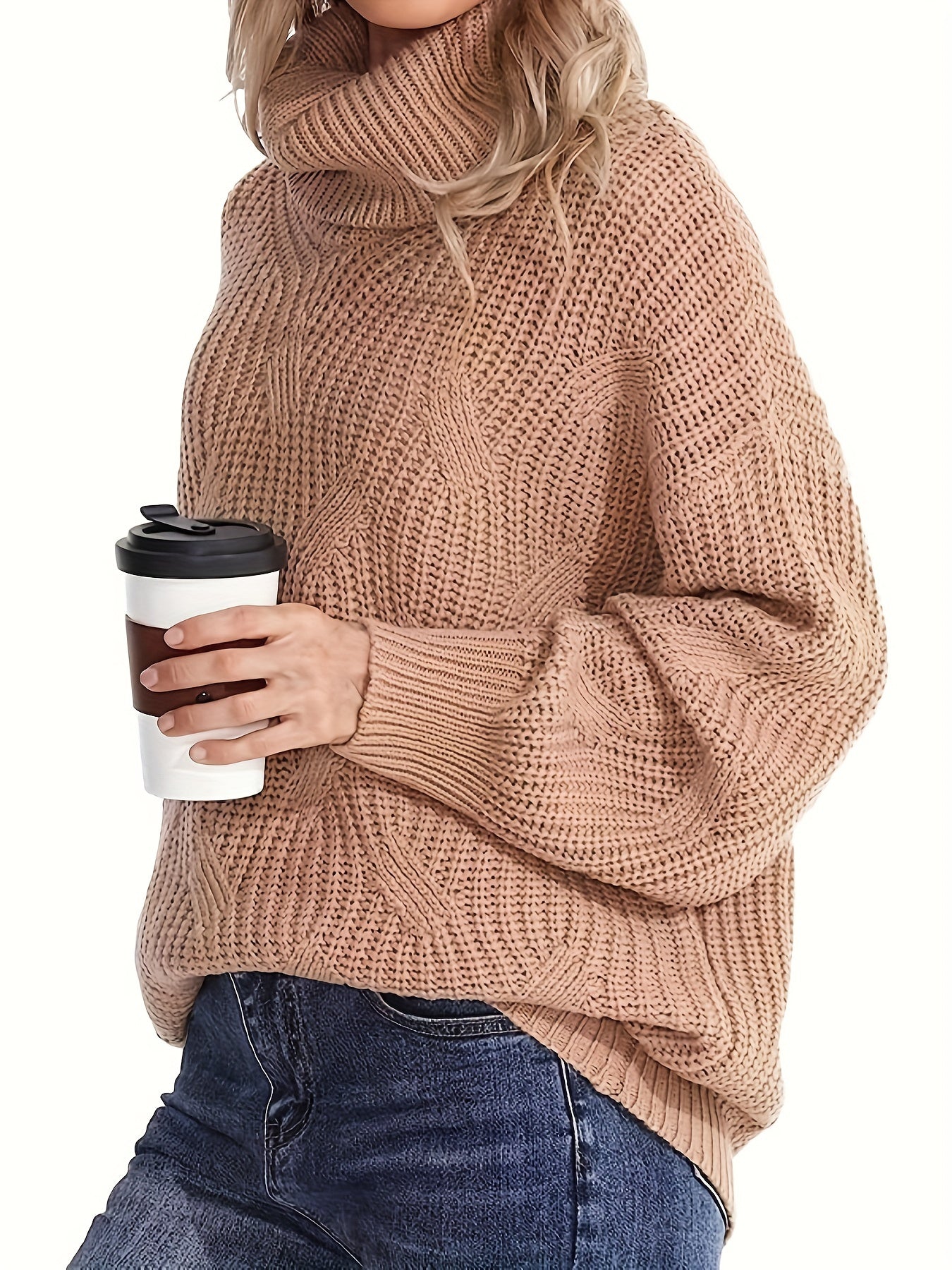Solid Chunky Knit Top High Neck Tunic