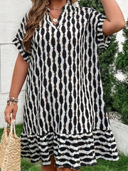 Allover Print Batwing Sleeve V Neck Dropped Waist Dress