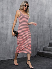 Striped Print Split Dress Sexy Squared Neck Sleeveless Dress Women's Clothing