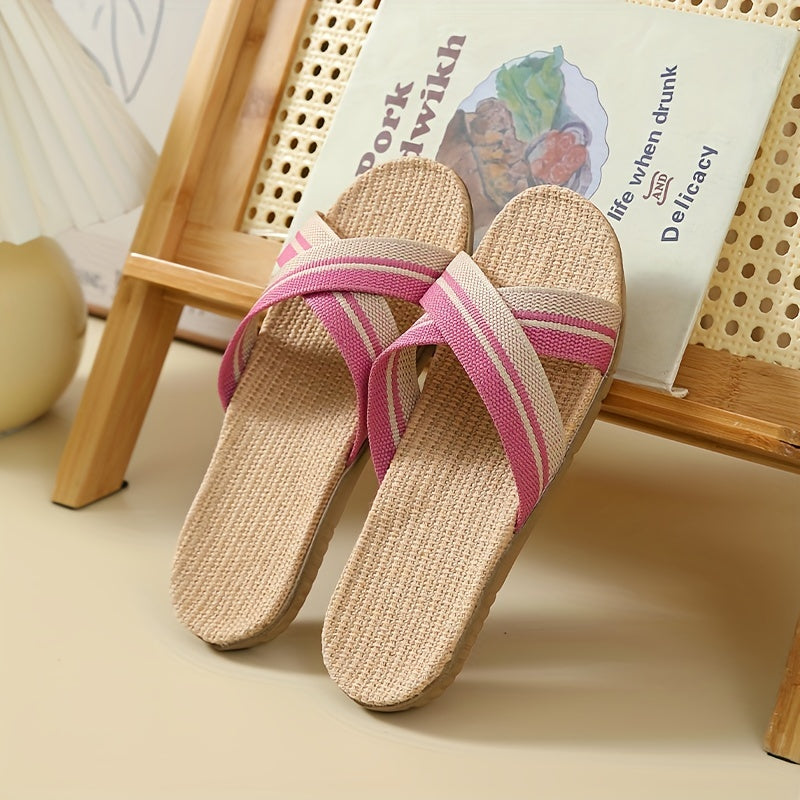 Women's Cross Strap Flat Slides Linen Shoes Comfy Indoor Slides