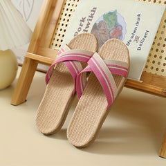 Women's Cross Strap Flat Slides Linen Shoes Comfy Indoor Slides