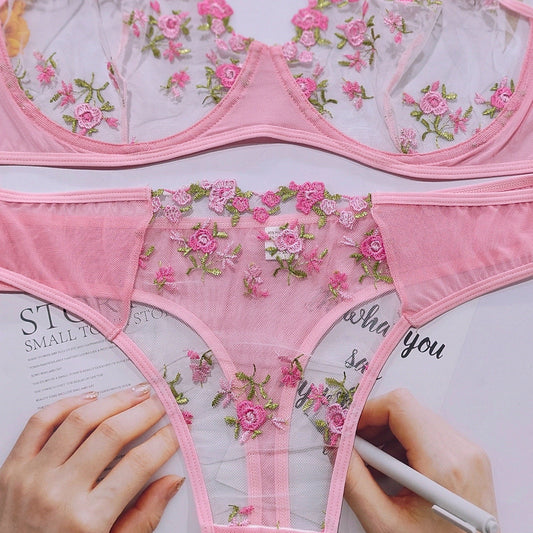 Floral Embroidered Mesh Bra & Panty Lingerie Set