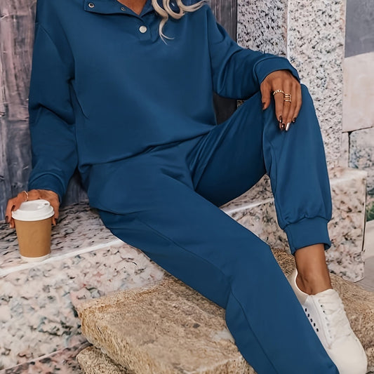 Solid Long Sleeve Lapel Collar Pullover & Joggers Set