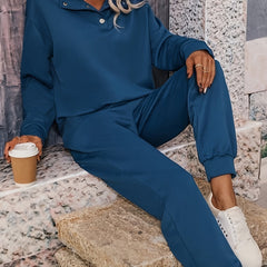Solid Long Sleeve Lapel Collar Pullover & Joggers Set