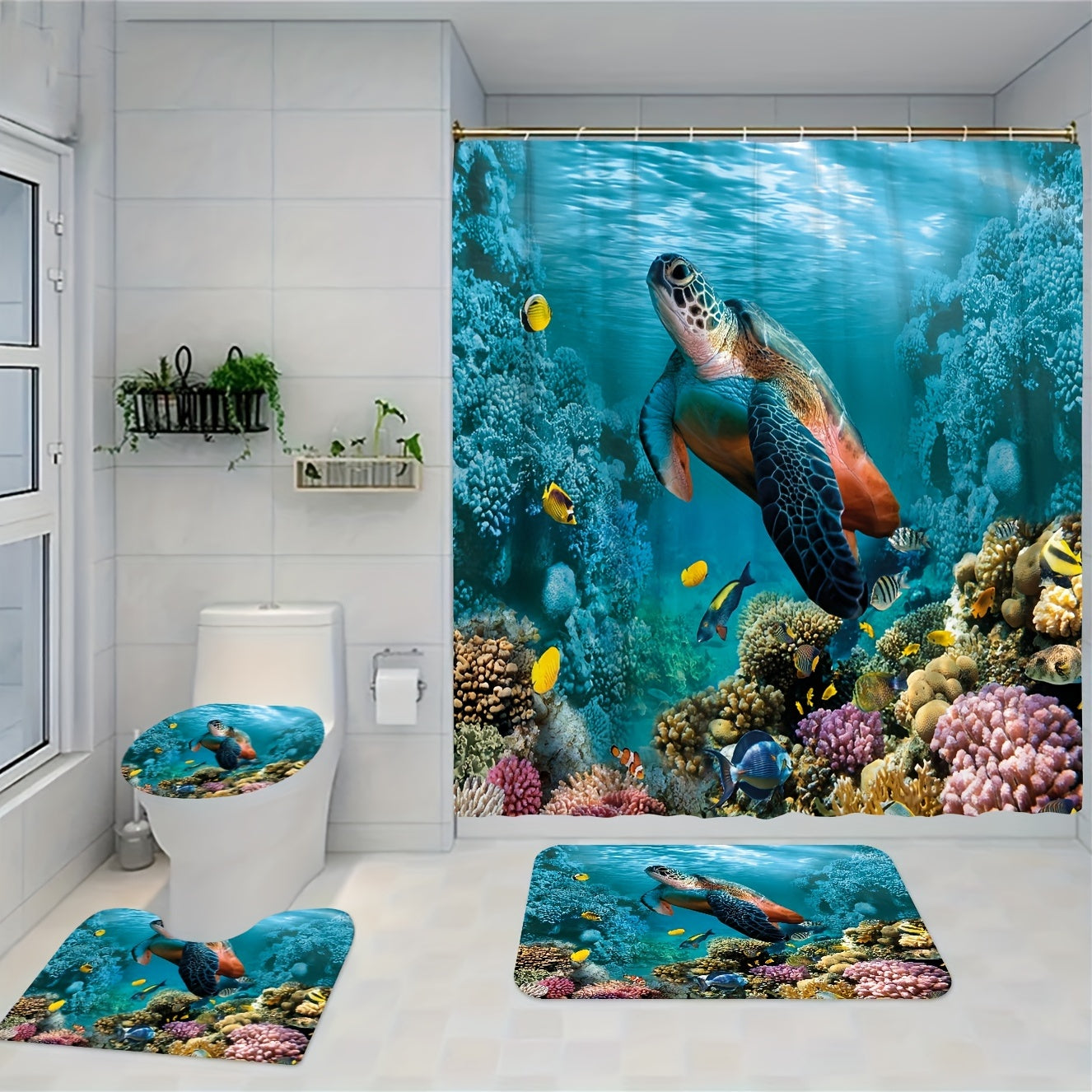 4pcs Waterproof Turtle Shower Curtain Set with 12 Hooks