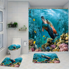 4pcs Waterproof Turtle Shower Curtain Set with 12 Hooks