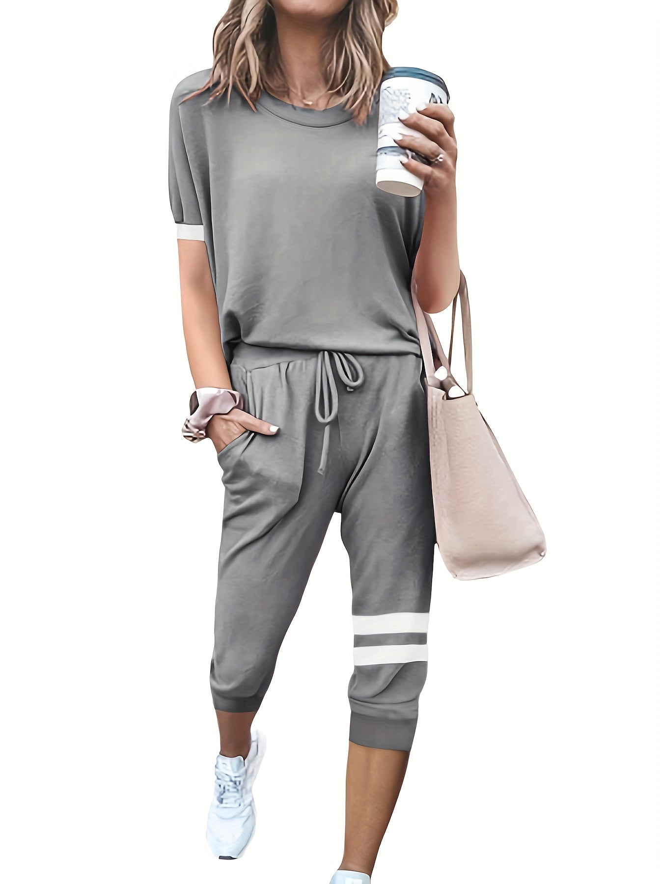 Casual Two-Piece Set Crew Neck Long Sleeve Tops & Drawstring Striped Pants