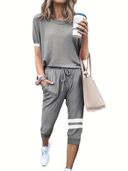 Casual Two-Piece Set Crew Neck Long Sleeve Tops & Drawstring Striped Pants