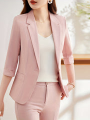 Solid Button Front Blazer Lapel Long Sleeve Blazer for Office & Work